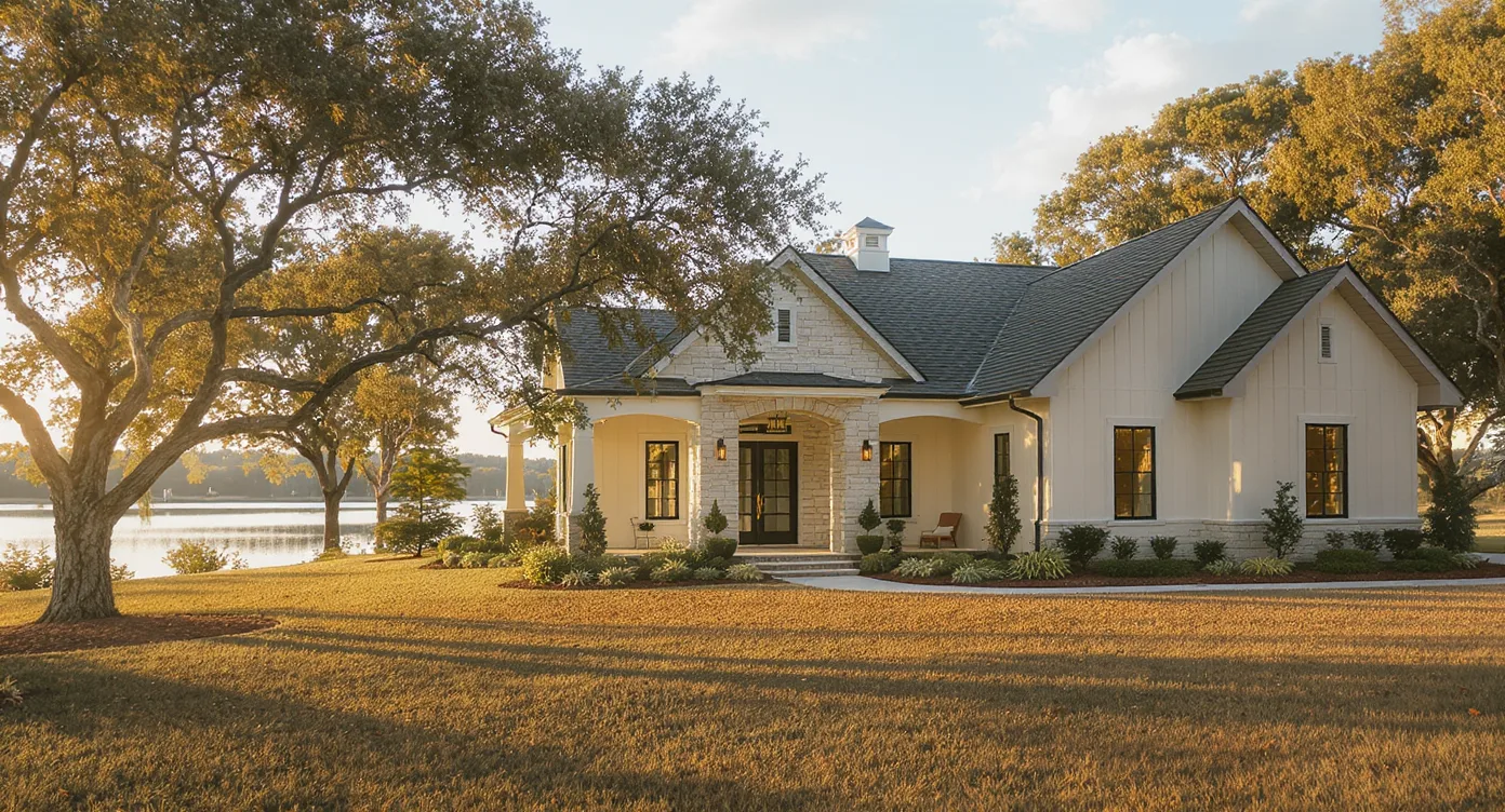 An inland Central Florida estate custom home on a large oak-shaded lot near a lake at golden hour