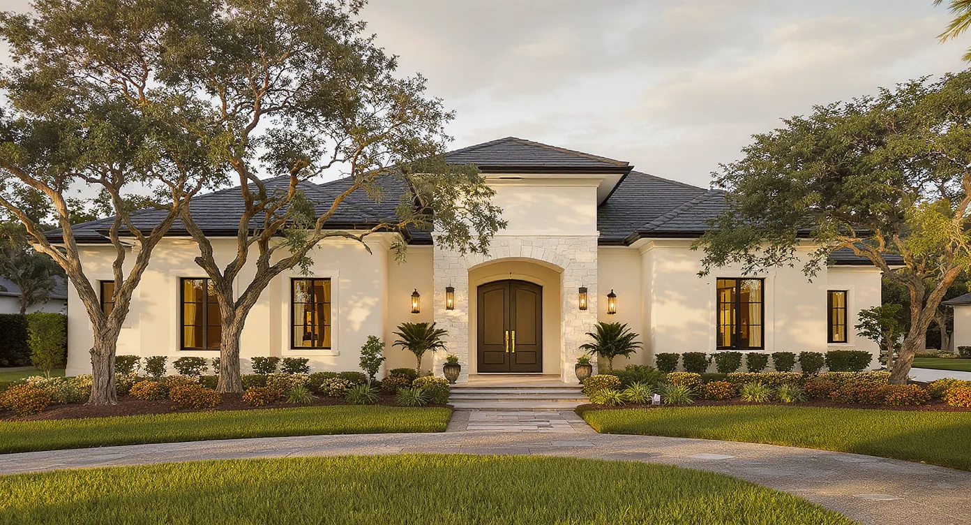 A modern-farmhouse custom home exterior on an oak-shaded Valrico lot at golden hour